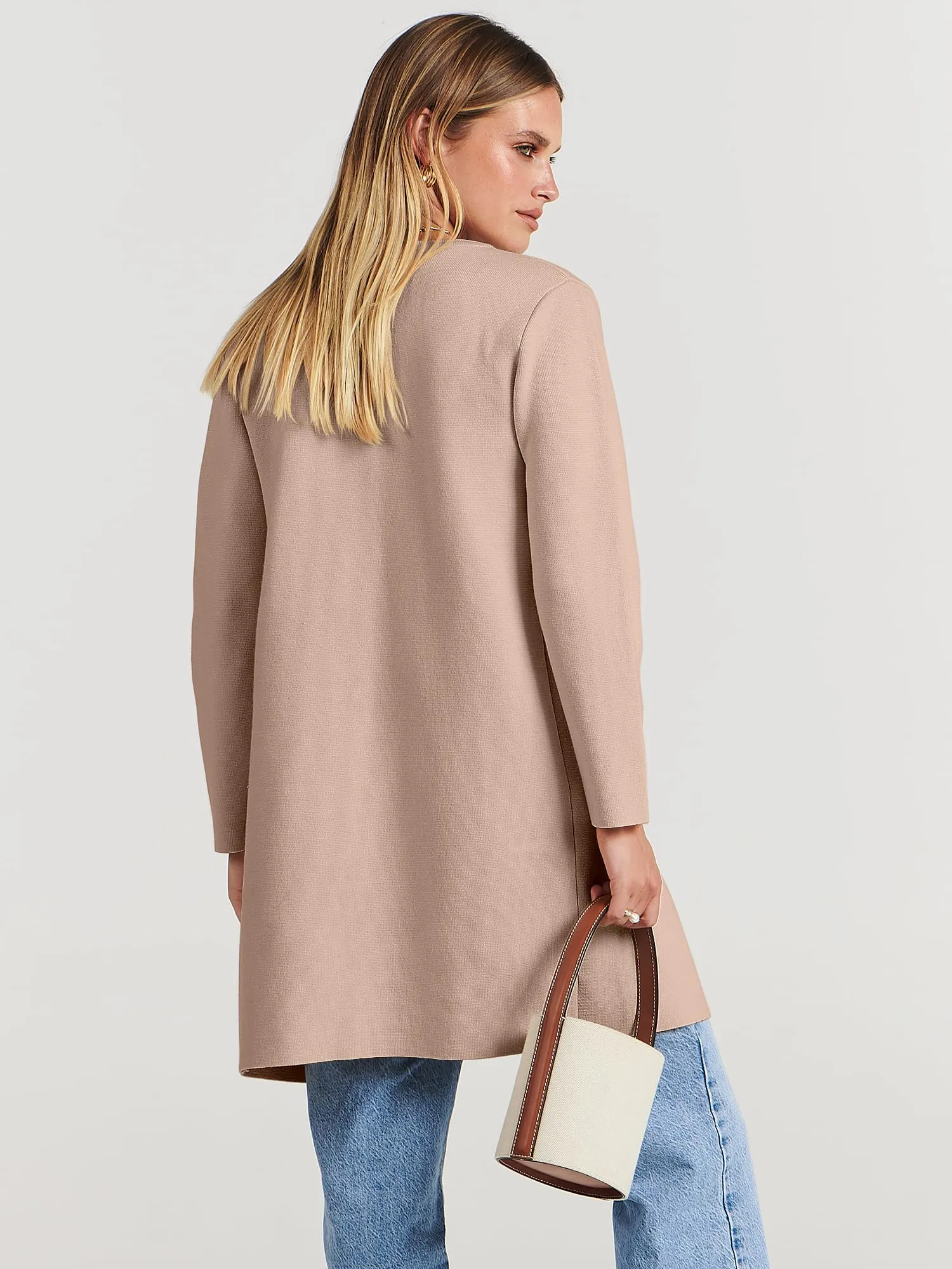Beige Women's Jacket Coat Open Front Knit Long Coatigan Sweater Fall Outerwear - Anrabess