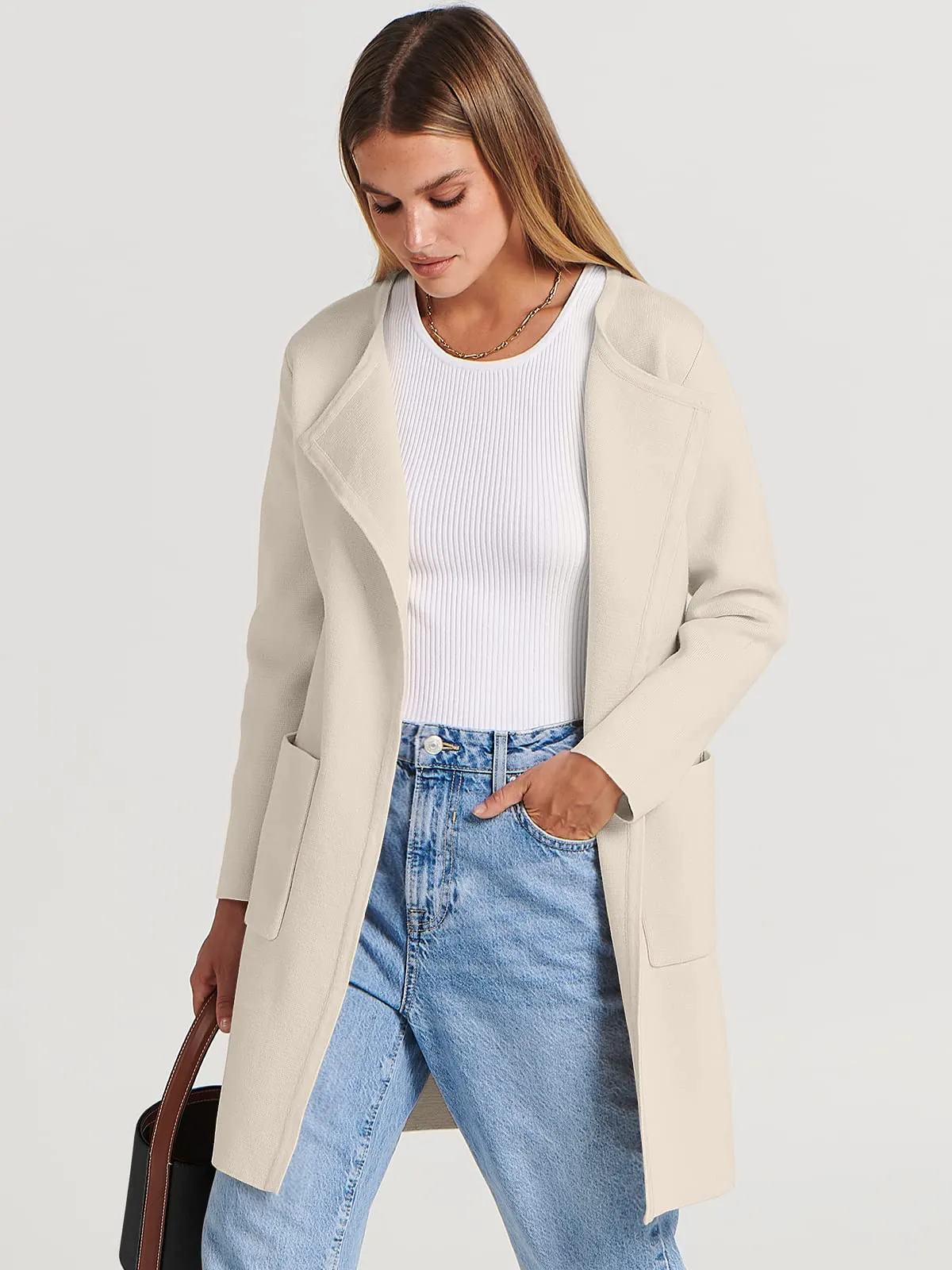 Beige Women's Jacket Coat Open Front Knit Long Coatigan Sweater Fall Outerwear - Anrabess