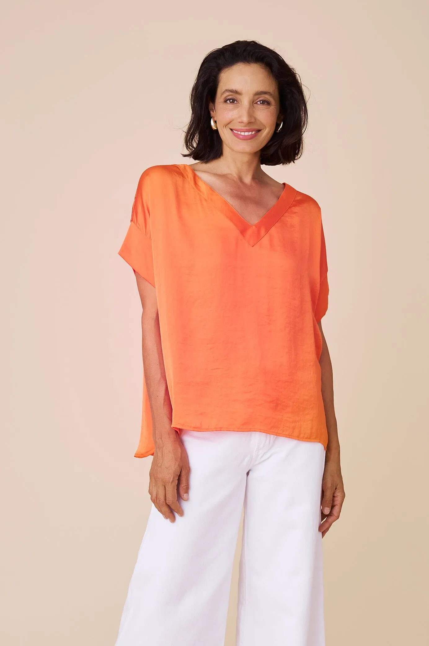 Bianca Short Sleeve Top Orange with V Neck