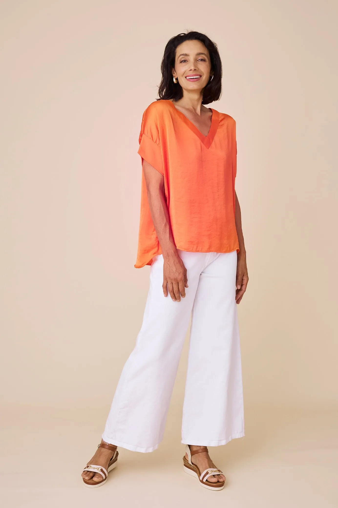 Bianca Short Sleeve Top Orange with V Neck
