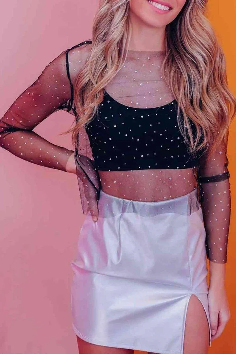Black Rhinestone Mesh Long Sleeve Blouse