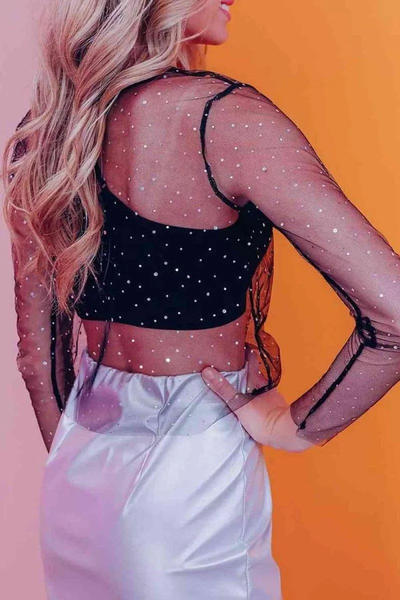 Black Rhinestone Mesh Long Sleeve Blouse