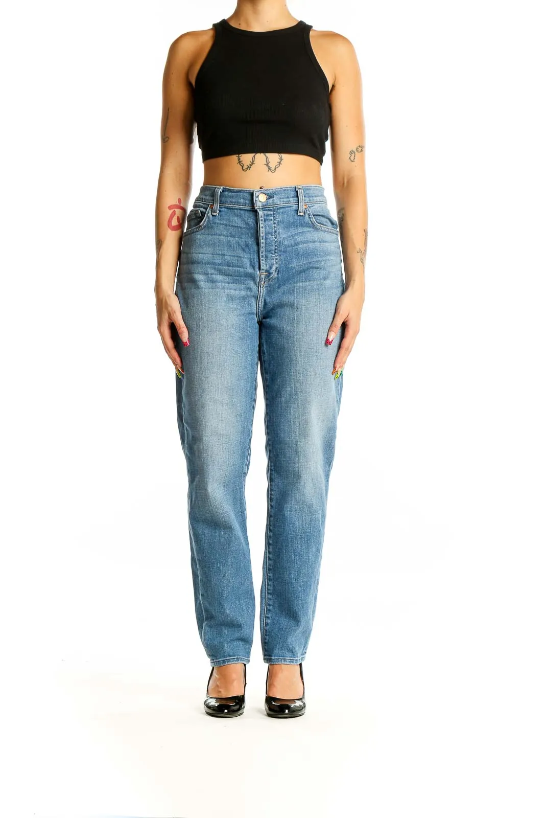 Blue High-Waisted Straight Leg Jeans
