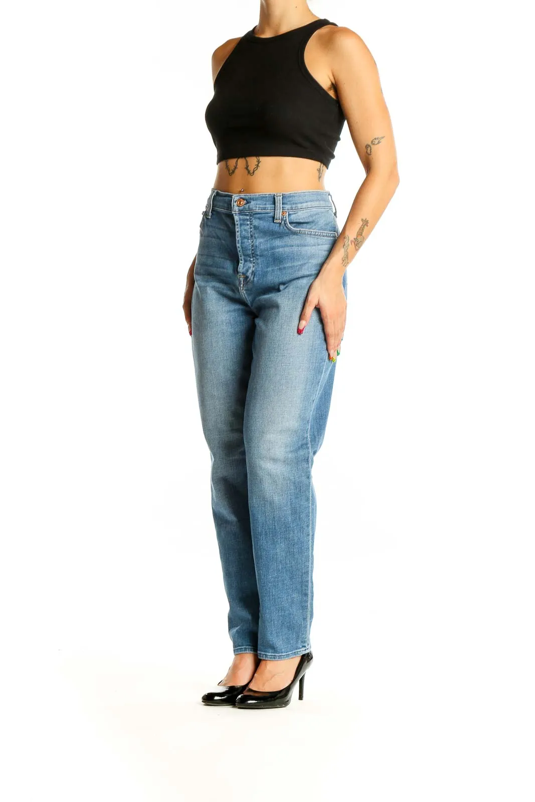 Blue High-Waisted Straight Leg Jeans