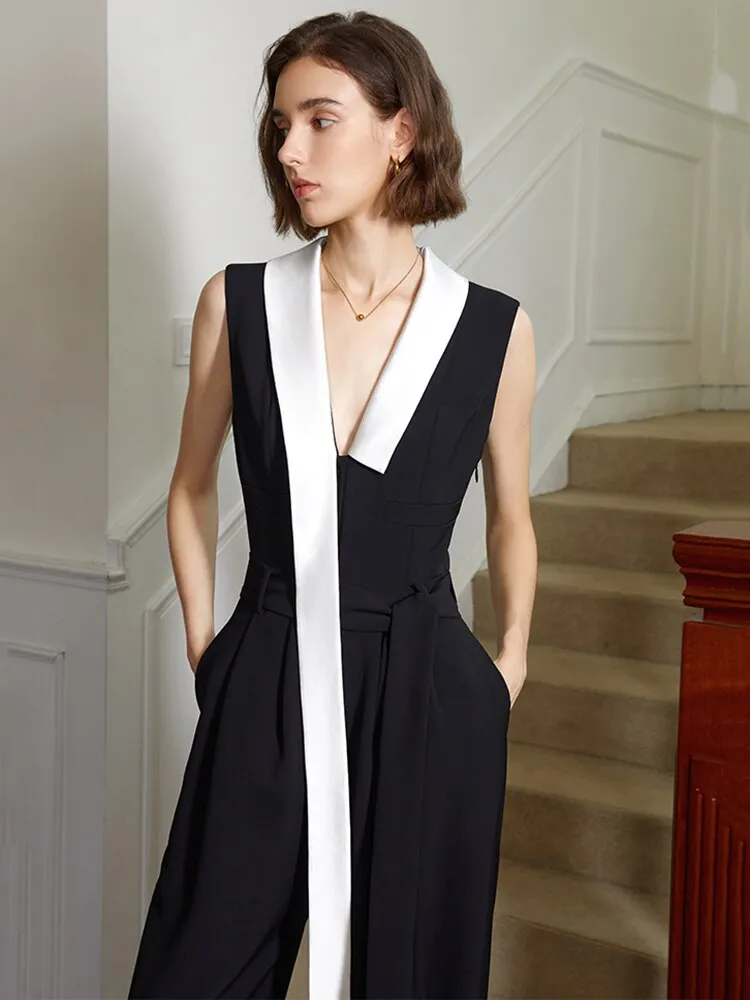 Color-block High Waist Pocket Stitch Jumpsuit
