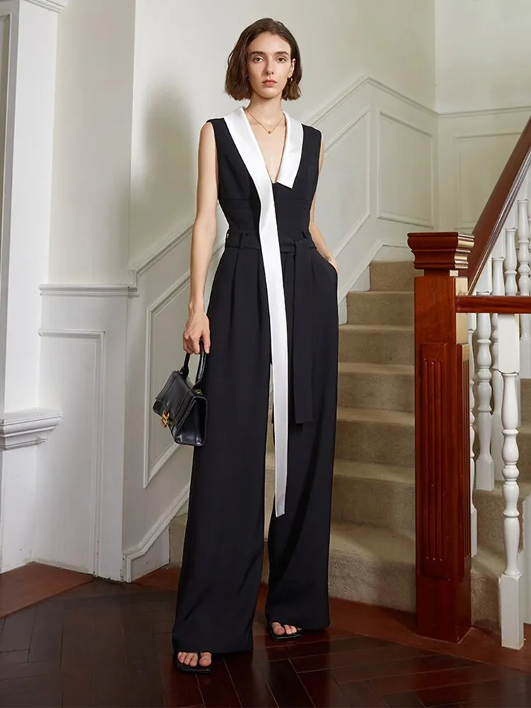 Color-block High Waist Pocket Stitch Jumpsuit