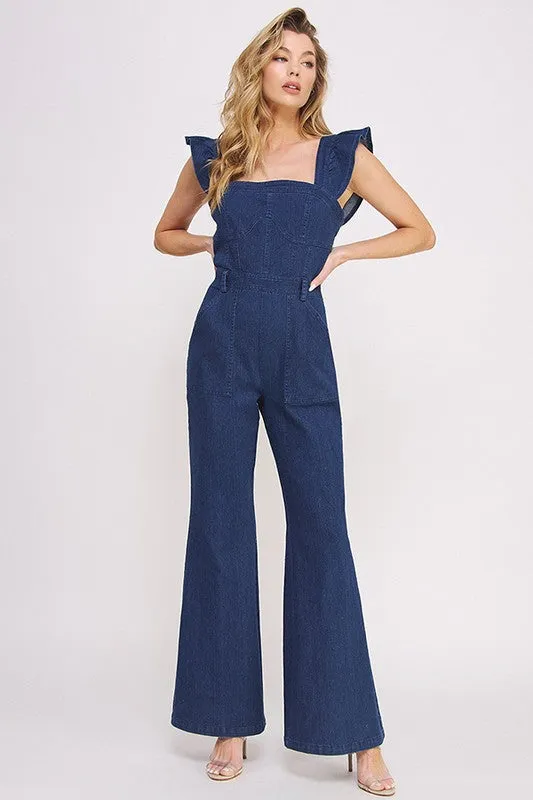 Denim Blue Ruffle Flare Leg Jumpsuit