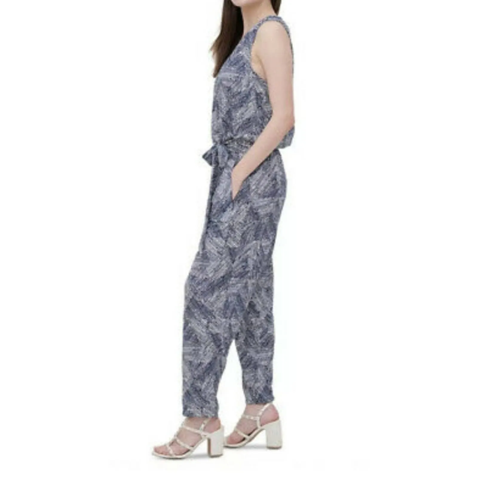DKNY Printed  Faux Wrap Jumpsuit Ink Ivory