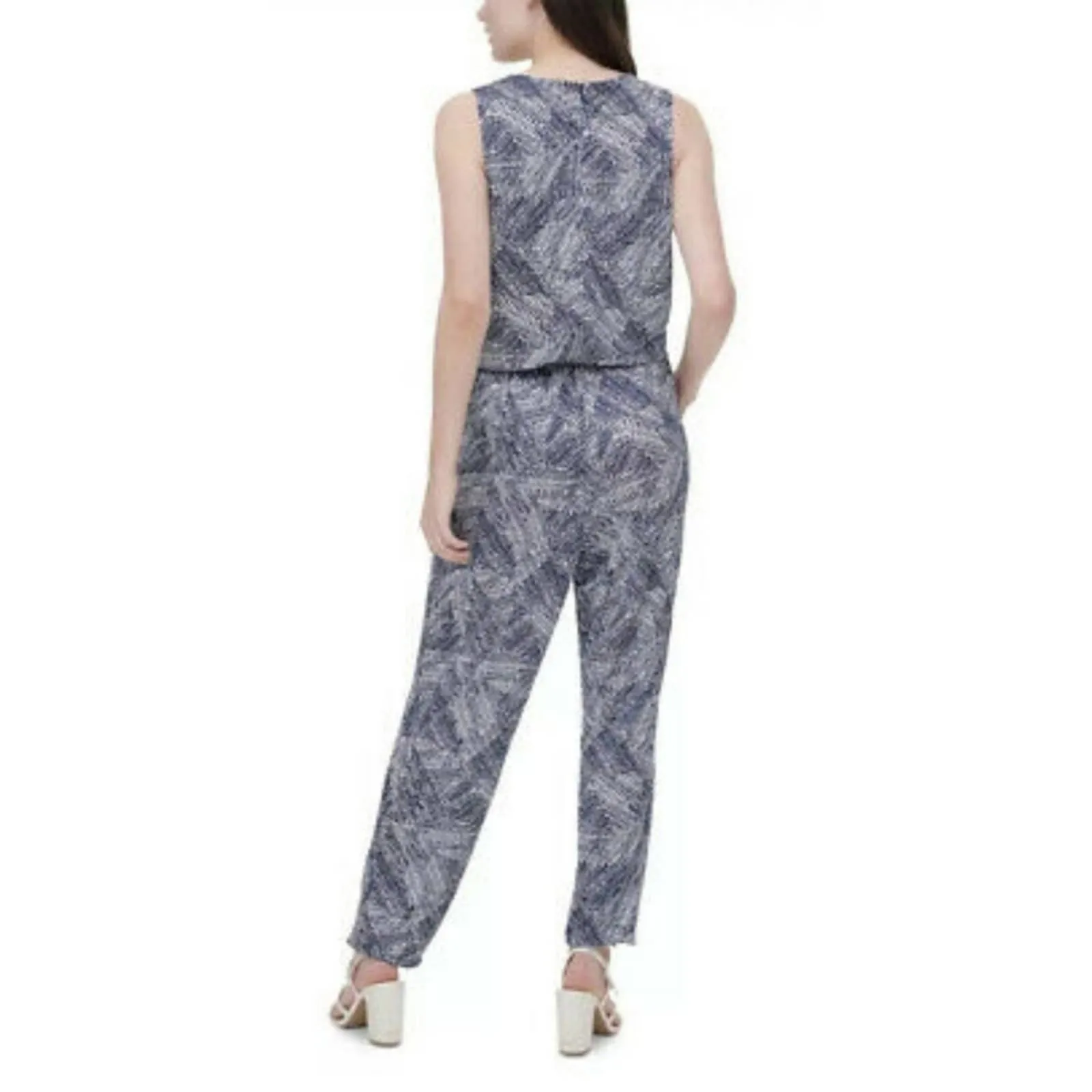 DKNY Printed  Faux Wrap Jumpsuit Ink Ivory