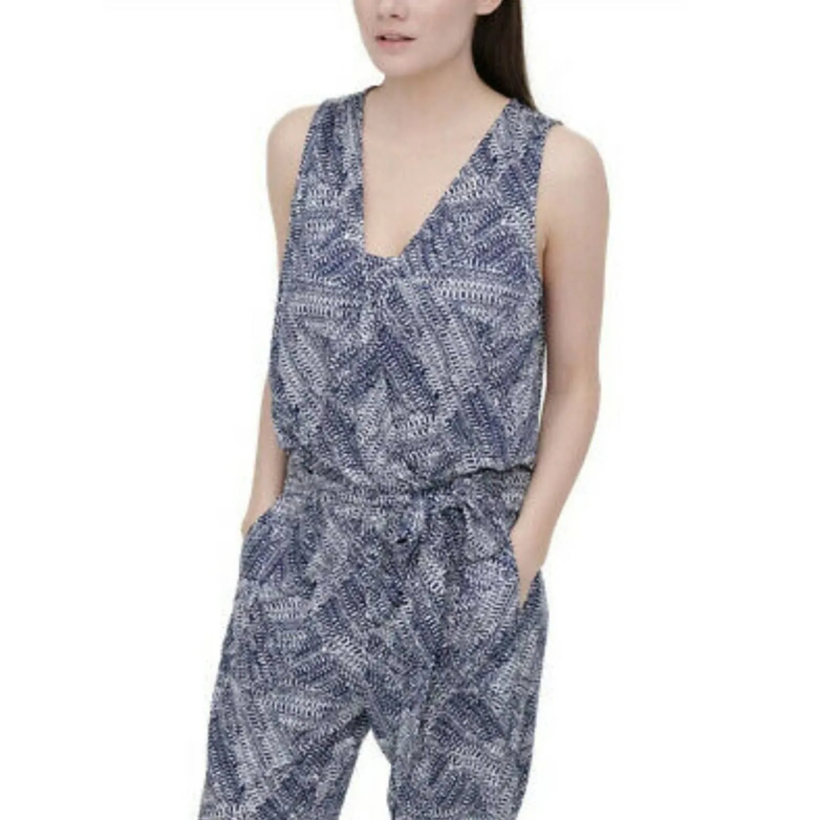 DKNY Printed  Faux Wrap Jumpsuit Ink Ivory