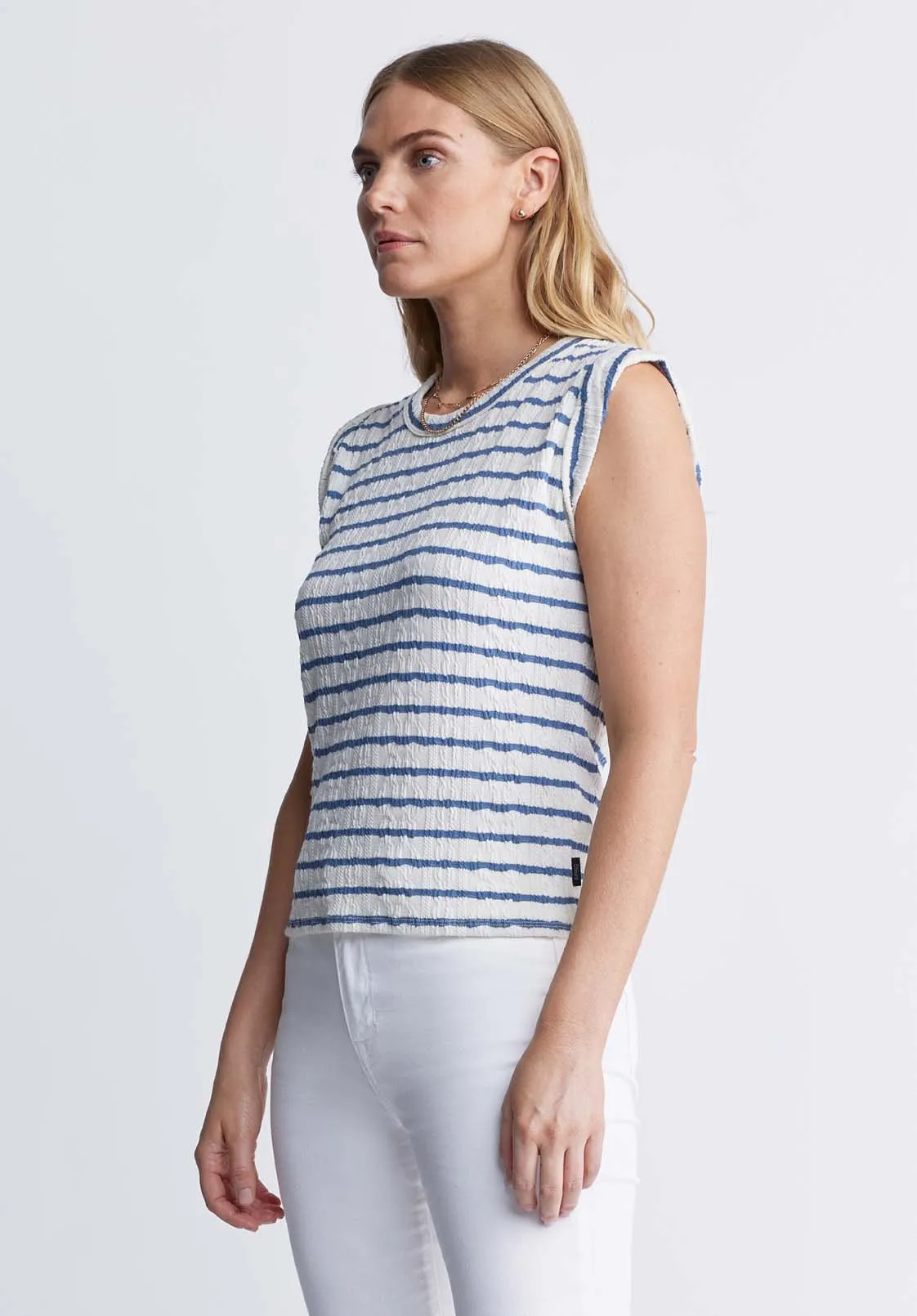 Elayne Women’s Striped Sleeveless Top in White & Blue - KT0126P