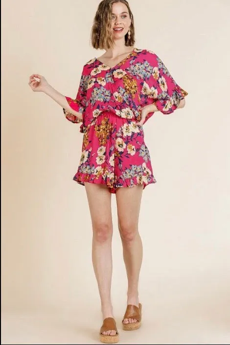 Floral Print Short Sleeve Ruffle Jumpsuit