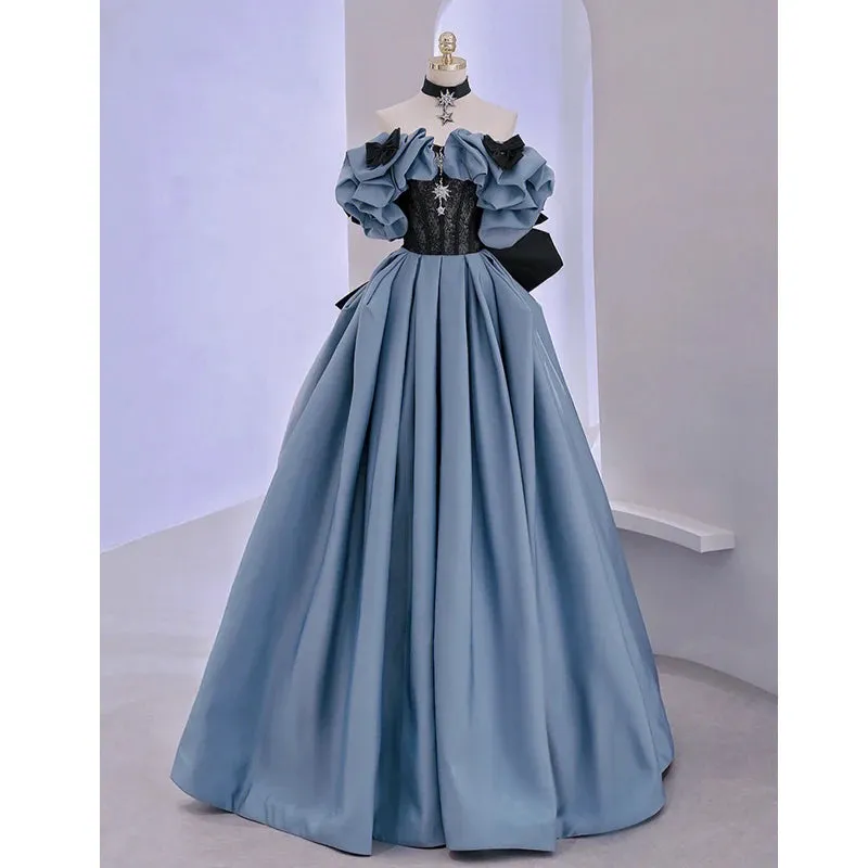 Getadme Blue Satin High-End Banquet Evening Dress Annual Meeting Boat Neck Covering Flesh Princess Dresses Puff Sleeve Ball Gown
