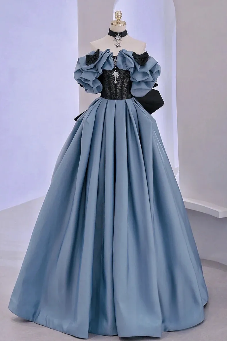 Getadme Blue Satin High-End Banquet Evening Dress Annual Meeting Boat Neck Covering Flesh Princess Dresses Puff Sleeve Ball Gown