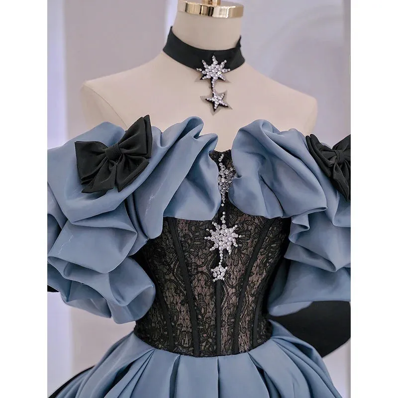 Getadme Blue Satin High-End Banquet Evening Dress Annual Meeting Boat Neck Covering Flesh Princess Dresses Puff Sleeve Ball Gown