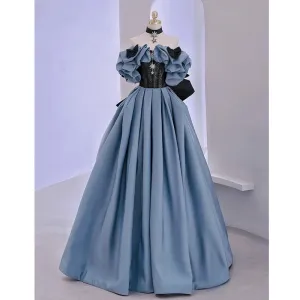 Getadme Blue Satin High-End Banquet Evening Dress Annual Meeting Boat Neck Covering Flesh Princess Dresses Puff Sleeve Ball Gown
