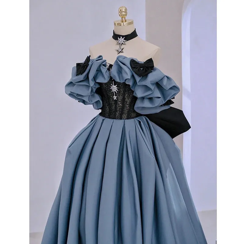 Getadme Blue Satin High-End Banquet Evening Dress Annual Meeting Boat Neck Covering Flesh Princess Dresses Puff Sleeve Ball Gown