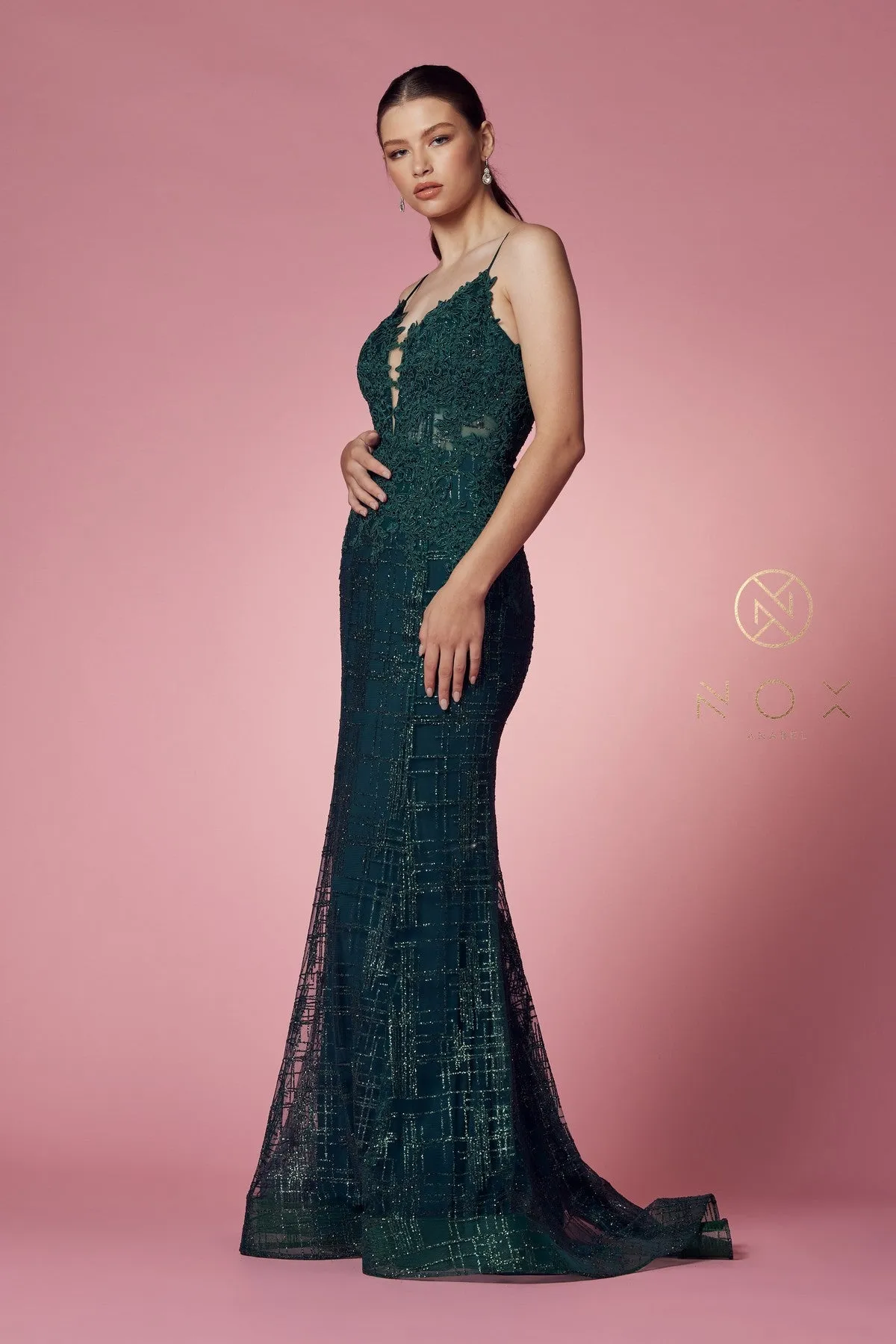 Glitter Print V-Neck Mermaid Dress by Nox Anabel R282-1