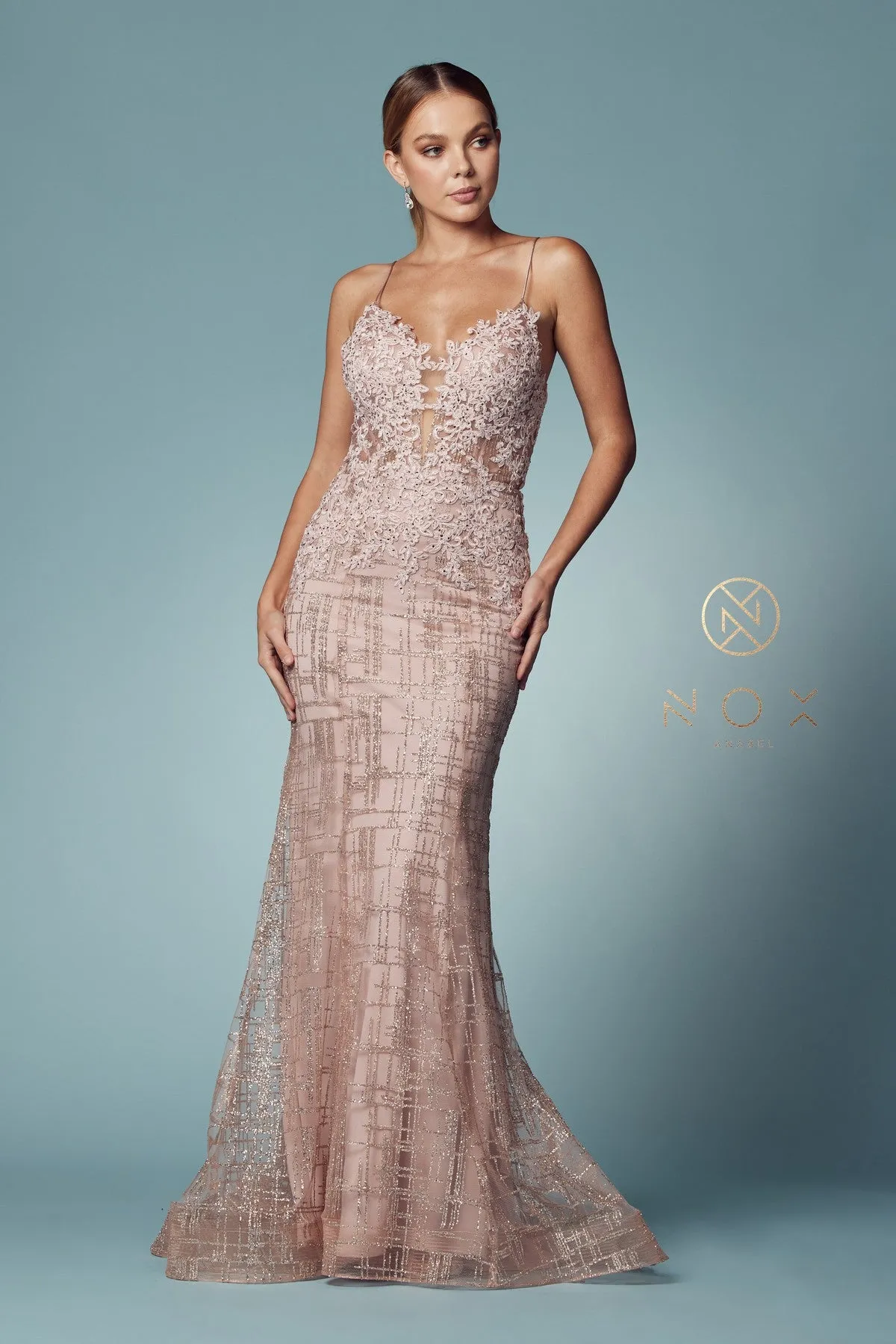 Glitter Print V-Neck Mermaid Dress by Nox Anabel R282-1