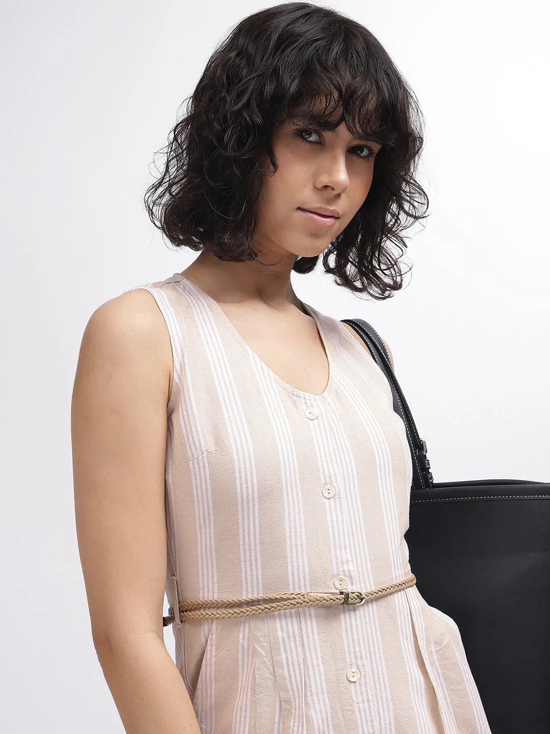 Iconic Women Beige Striped V-Neck Sleeveless Jumpsuit
