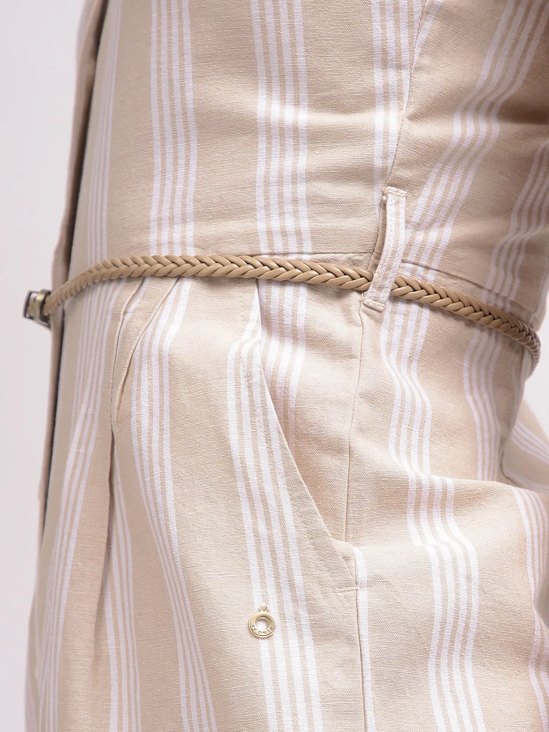 Iconic Women Beige Striped V-Neck Sleeveless Jumpsuit