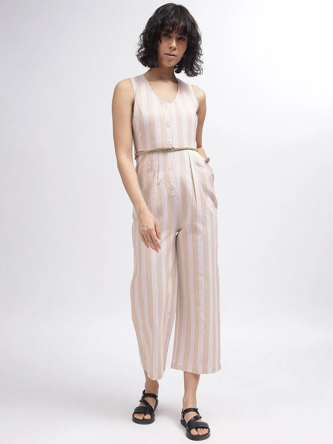 Iconic Women Beige Striped V-Neck Sleeveless Jumpsuit