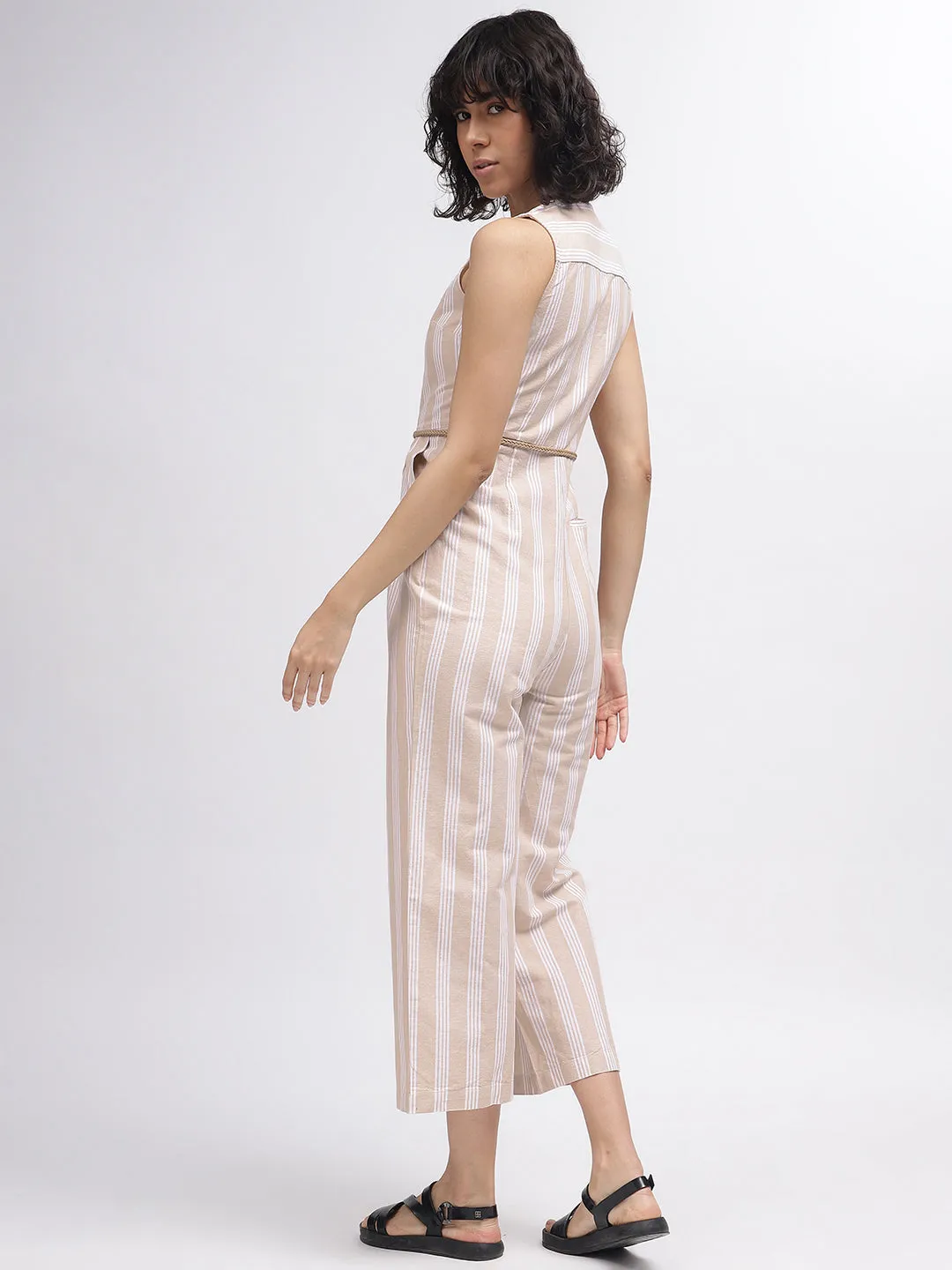 Iconic Women Beige Striped V-Neck Sleeveless Jumpsuit