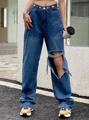 Irregular Hole High Waist Straight Jeans