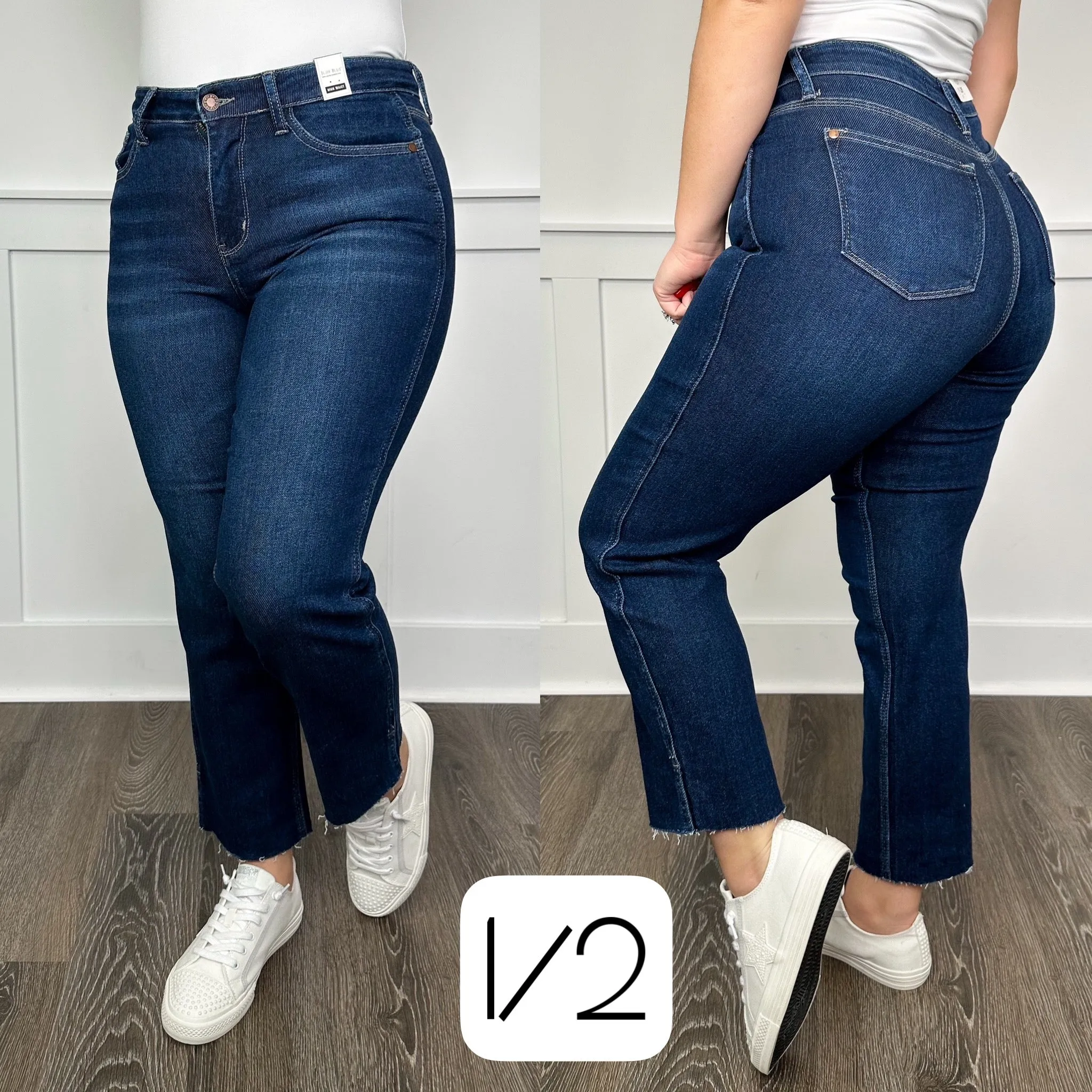 Judy Blue Cara High Rise Raw Hem Cropped Straight Leg Dark Wash Jeans