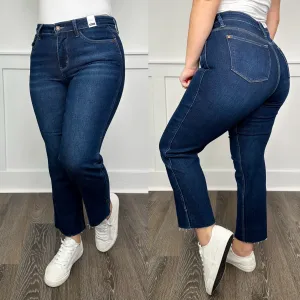 Judy Blue Cara High Rise Raw Hem Cropped Straight Leg Dark Wash Jeans