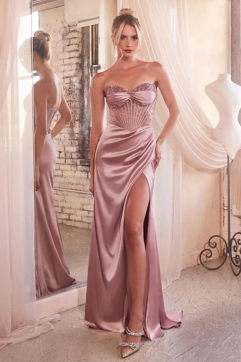 Ladivine CD295 Size 6 Paris Blue Satin Maxi Slit Sheer Point Crystal Corset Prom Dress Formal Evening Gown