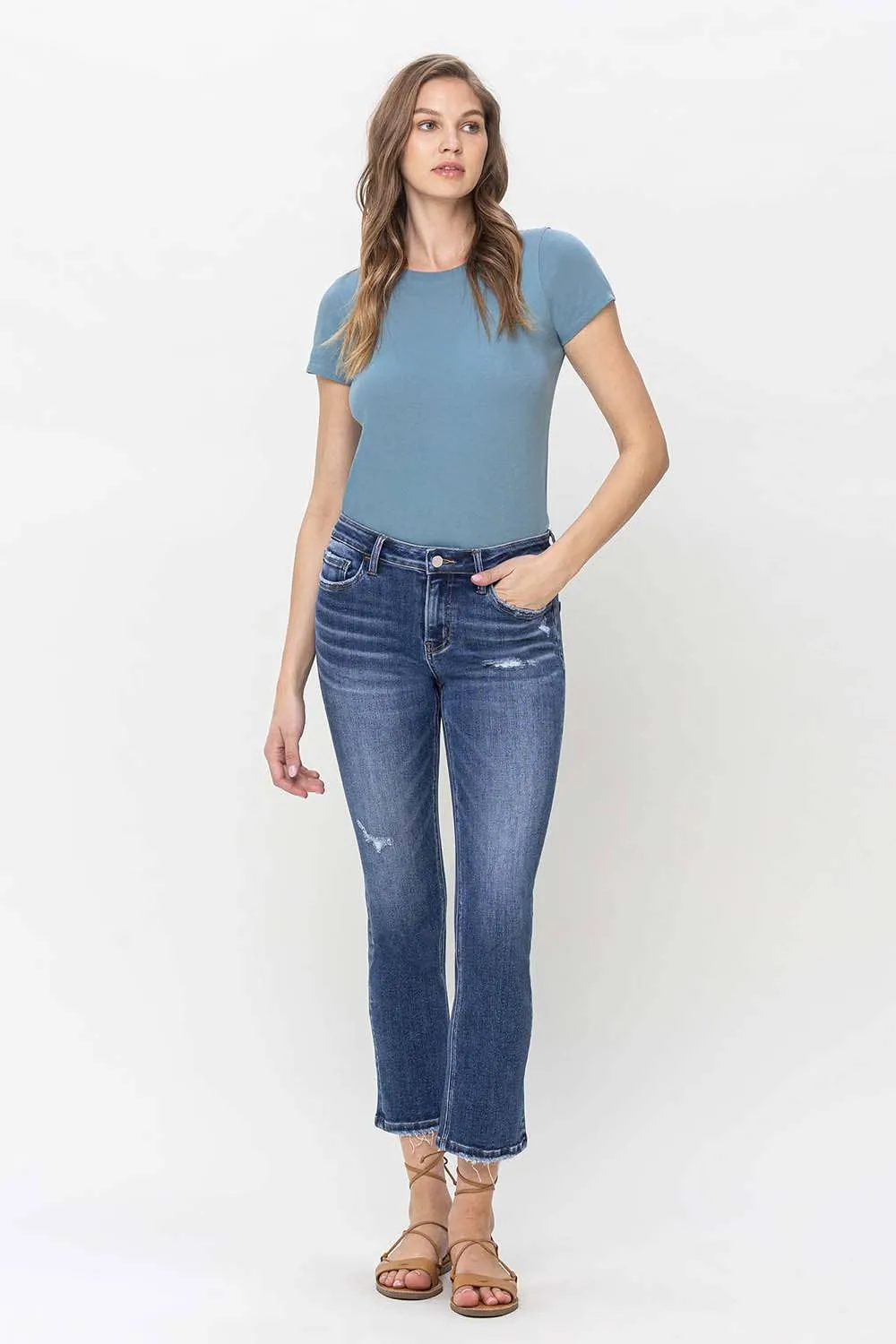 MID RISE CROP SLIM STRAIGHT JEANS