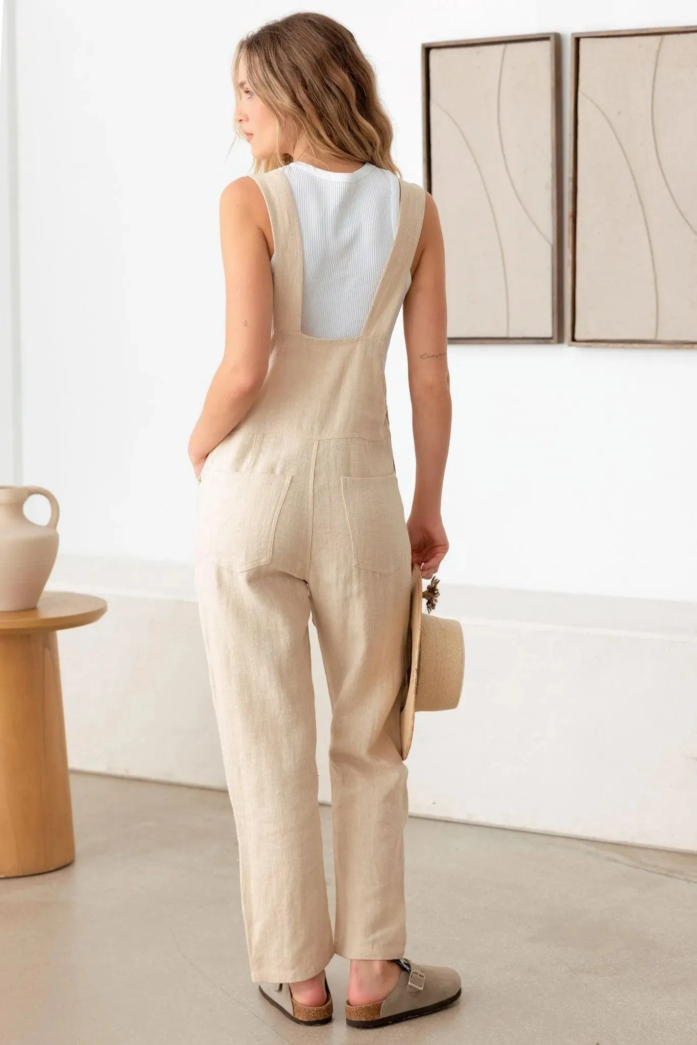 Natural Color Button Detail Overall Jumpsuit