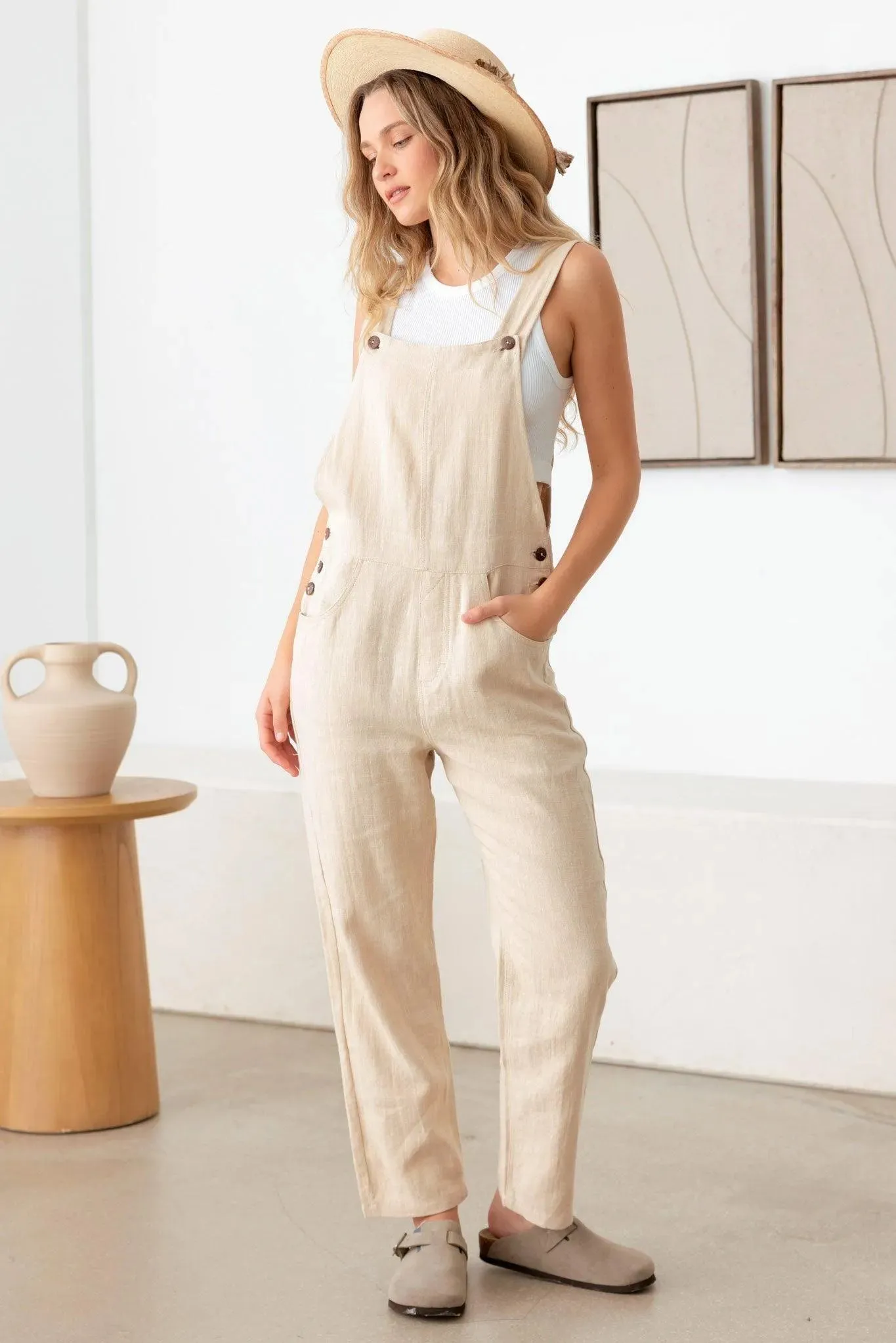 Natural Color Button Detail Overall Jumpsuit
