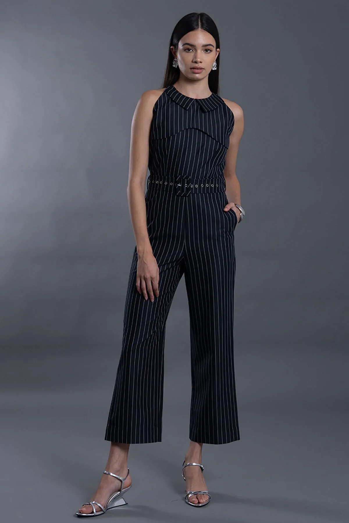 Navy Blue Stripe Belt Jumpsuit