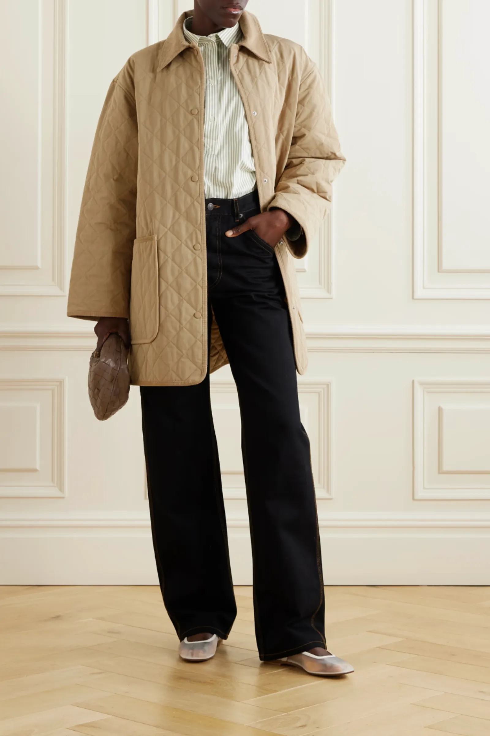 Oversized Beige Corduroy-Trimmed Quilted Organic Cotton-Blend Jacket