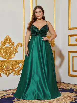 Plus Plunging Neck Sequin Bodice Contrast Satin Hem Cami Party Dress