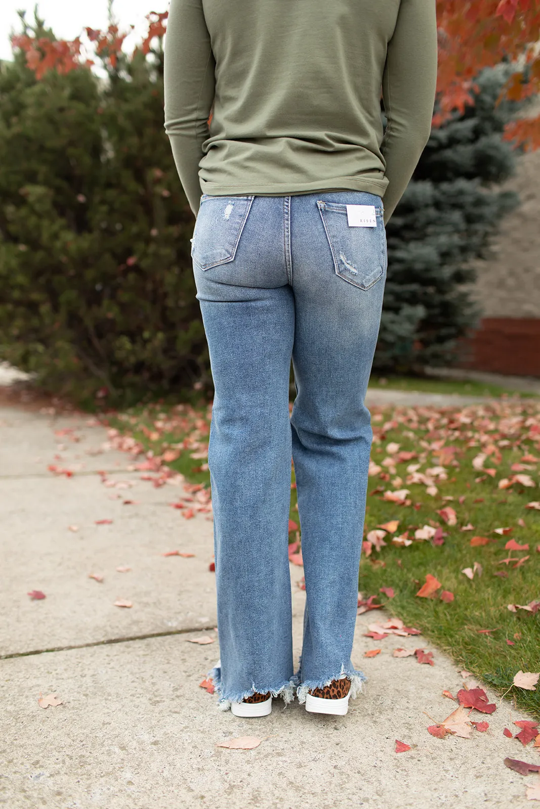 Risen High Rise Frayed Hem Wide Leg Jeans