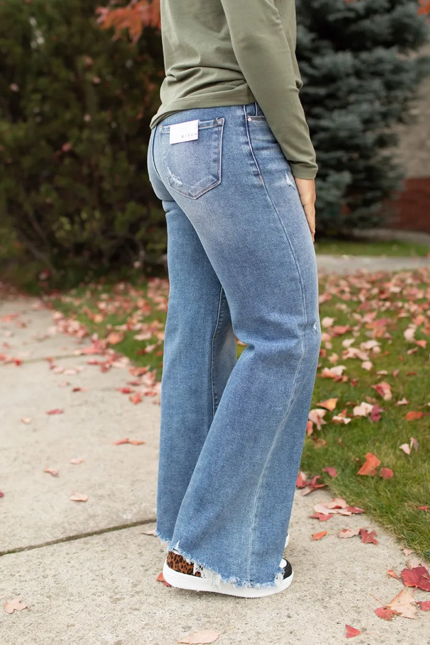 Risen High Rise Frayed Hem Wide Leg Jeans