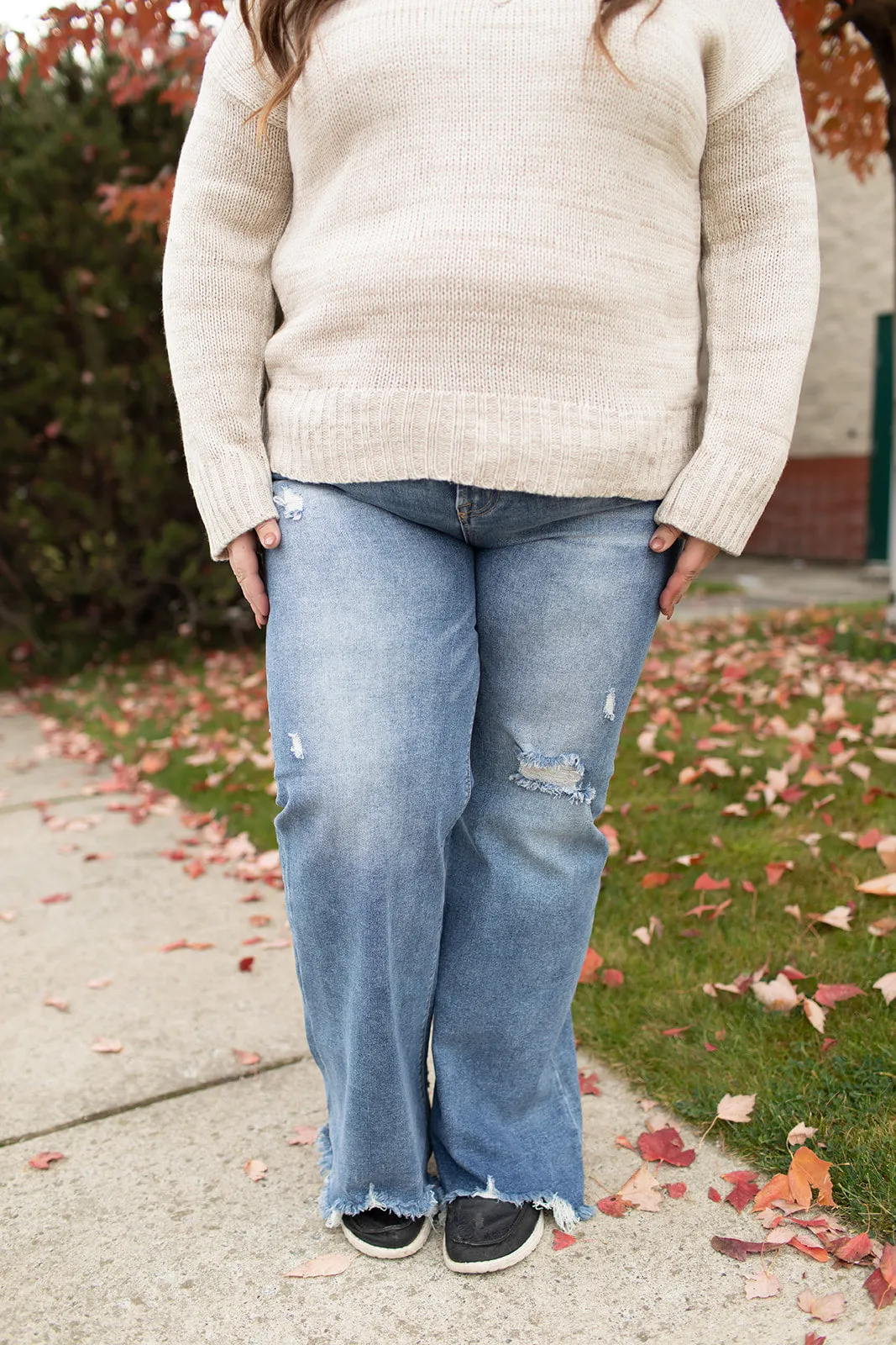 Risen High Rise Frayed Hem Wide Leg Jeans