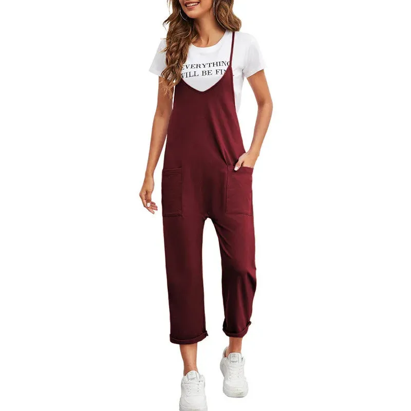 Spring New Women's Casual Pocket Pants Loose Strap Jumpsuit