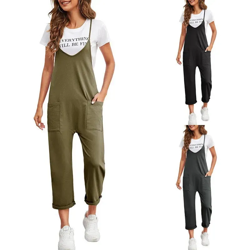 Spring New Women's Casual Pocket Pants Loose Strap Jumpsuit