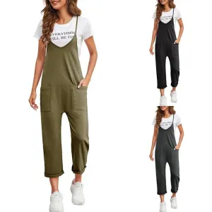 Spring New Women's Casual Pocket Pants Loose Strap Jumpsuit