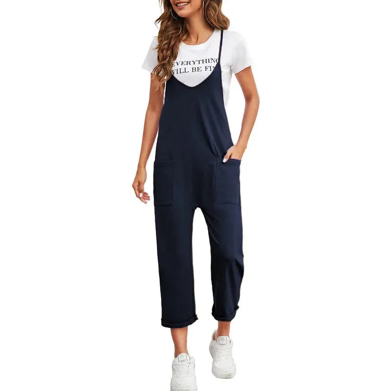 Spring New Women's Casual Pocket Pants Loose Strap Jumpsuit