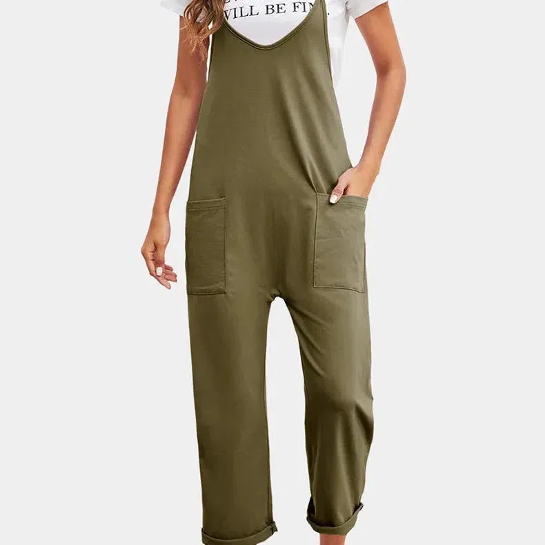 Spring New Women's Casual Pocket Pants Loose Strap Jumpsuit