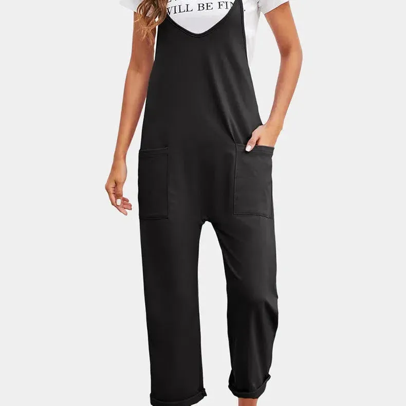 Spring New Women's Casual Pocket Pants Loose Strap Jumpsuit