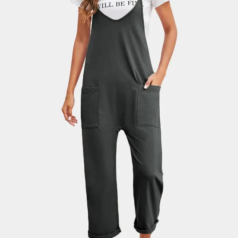 Spring New Women's Casual Pocket Pants Loose Strap Jumpsuit