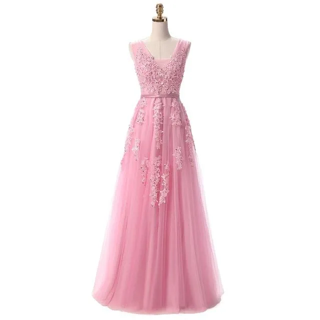 SSYFashion Lace Appliques V-neck Long Evening Dress The Bride Sexy Sleeveless Lace-up Back Beading Party Formal Dresses Custom