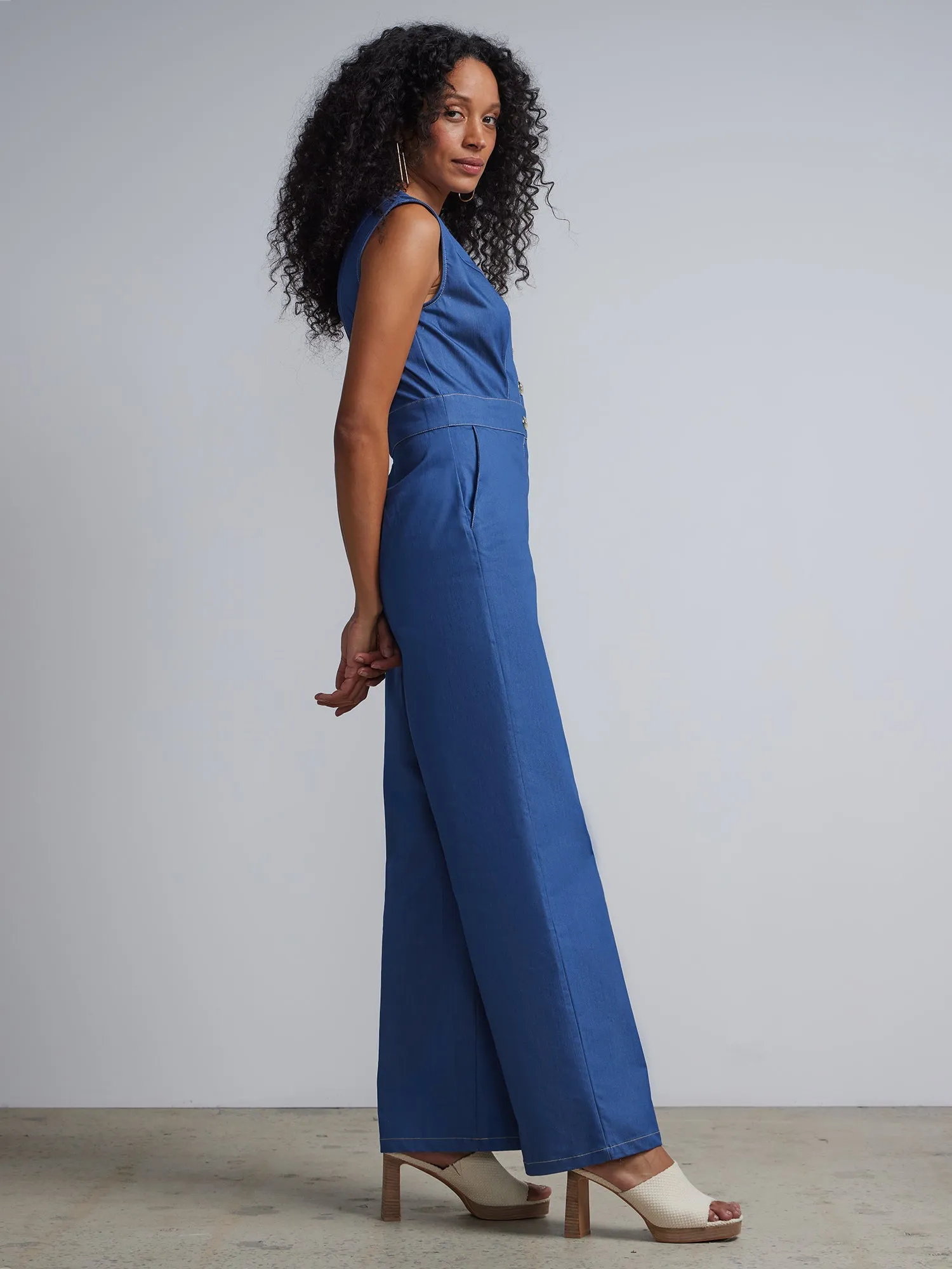 V-Neck Button-Front Jumpsuit