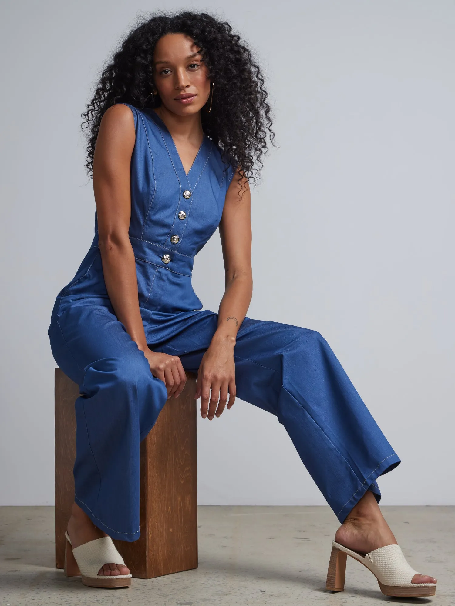 V-Neck Button-Front Jumpsuit